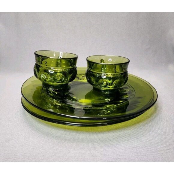 Snack Plates & Cups Indiana Glass King's Crown Thumbprint Avocado Green Vintage - Picture 2 of 8